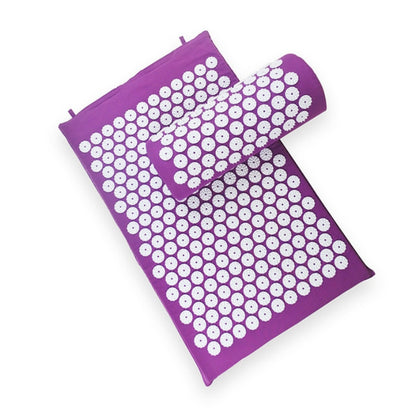 Purple acupuncture massage pad and matching rolled pillow with white circular acupoints