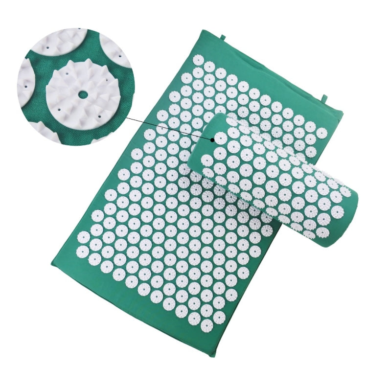 Green acupuncture massage pad and matching rolled pillow with white circular acupoints