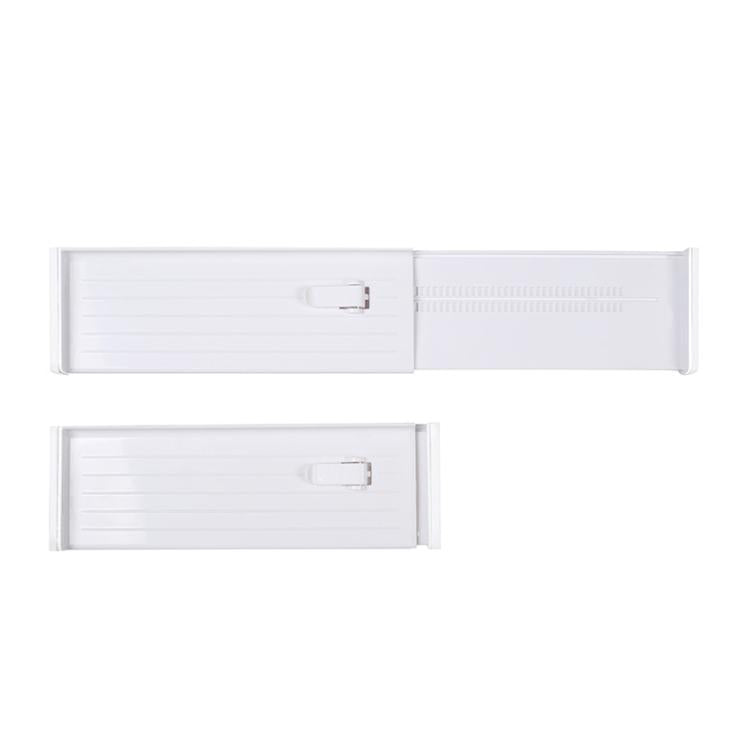 White extendable drawer divider panels, two-piece set with clips and slotted center.