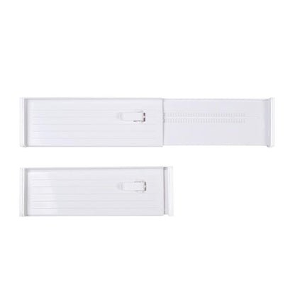 White extendable drawer divider panels, two-piece set with clips and slotted center.