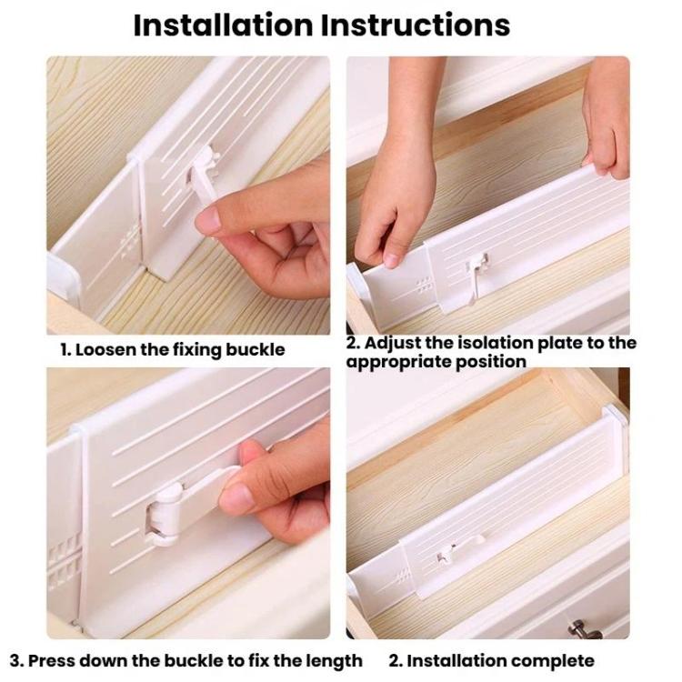 Hands installing a white drawer divider, adjusting length using a fixing buckle.