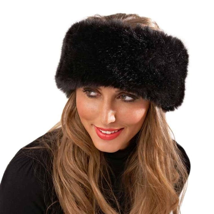 Black faux fur bomber hat with headband style and rounded ear-covering shape
