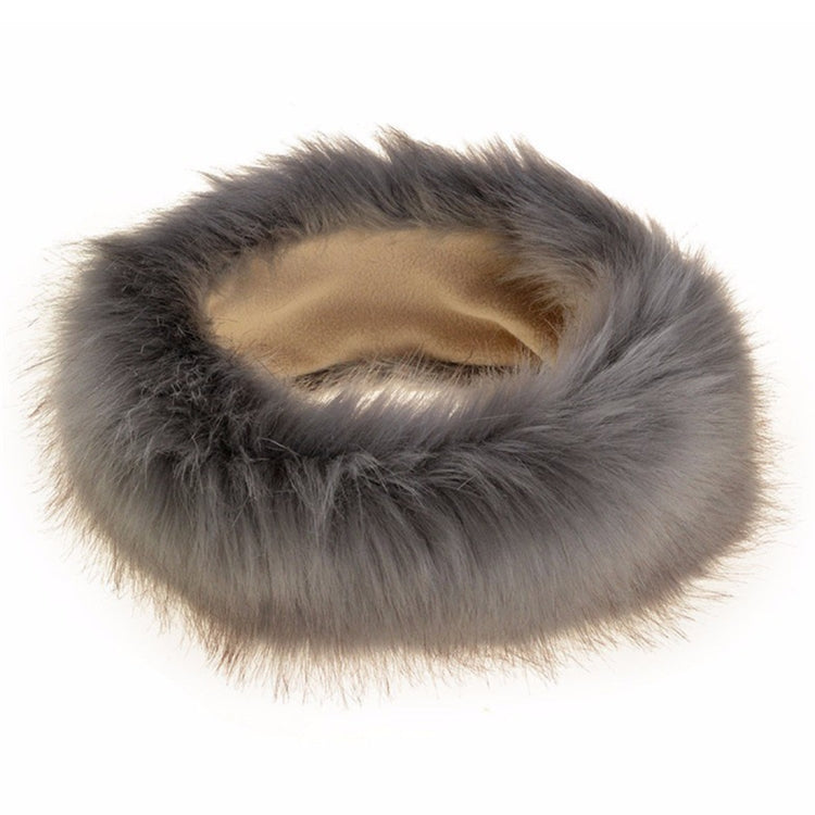 Gray faux fur headband bomber hat with plush wraparound ear coverage