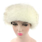 White faux fur headband bomber hat with full, fluffy rounded crown