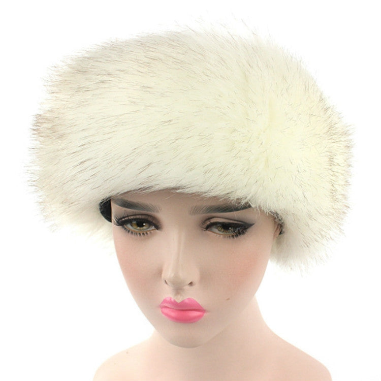 White faux fur headband bomber hat with full, fluffy rounded crown