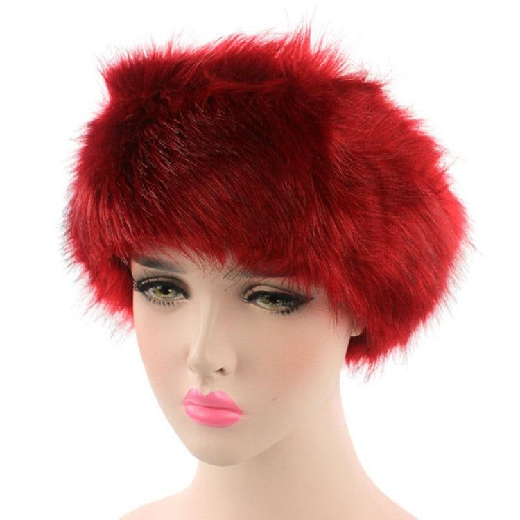 Red faux fur headband bomber hat with thick, plush rounded top