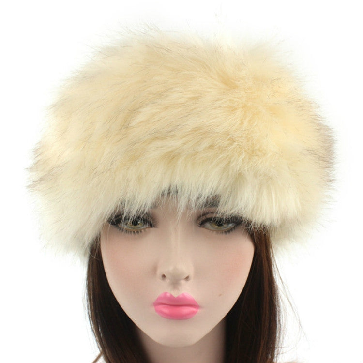 Beige faux fur headband bomber hat with fluffy rounded top and cozy fit