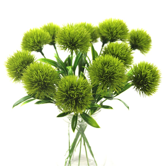 Green artificial dandelion flower bunch with long plastic stems
