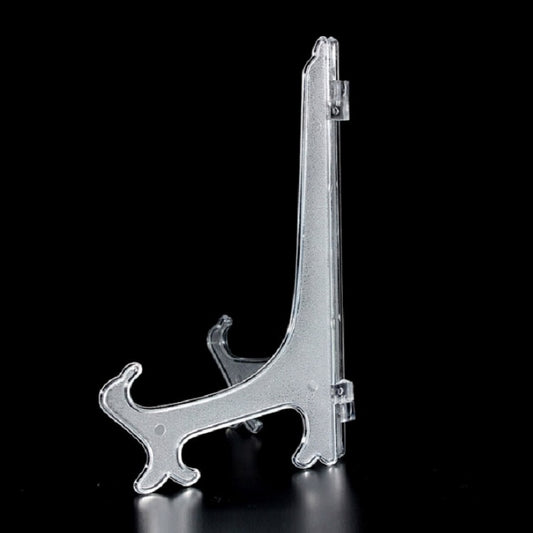 Clear plastic easel frame holder stand with U-shaped arms and small clip