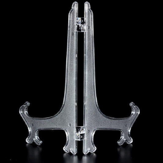 Clear plastic easel-style frame holder with double-prong clip base