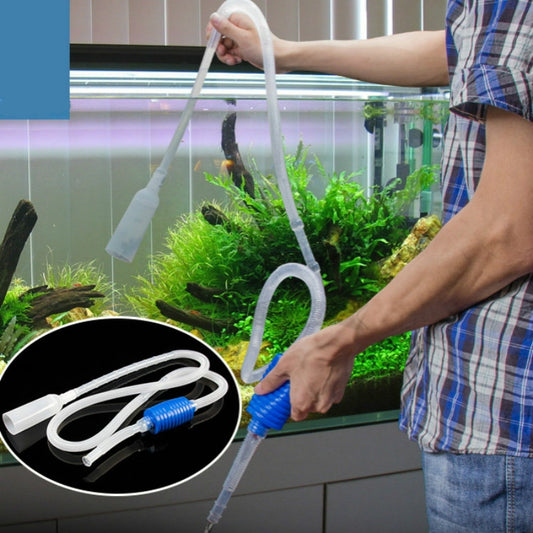 Aquarium water siphon suction pipe with blue bulb and white hose, handheld use