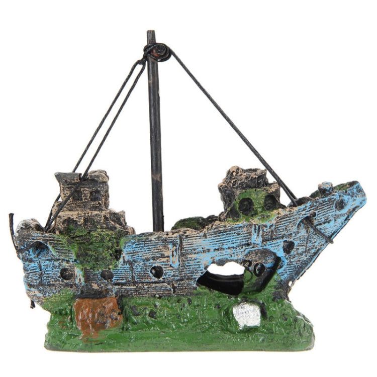 Decorative pirate ship aquarium ornament with blue hull and black rope rigging
