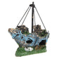 Decorative pirate ship aquarium ornament with blue hull, green base, and rope mast frame
