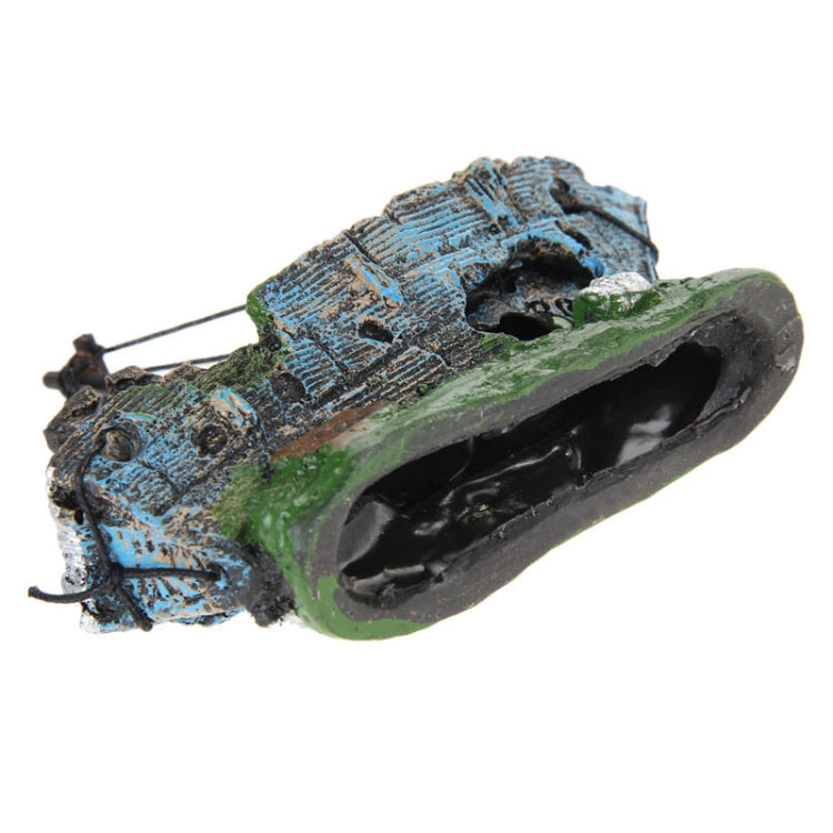 Decorative pirate ship aquarium ornament, side view with green base and open ports