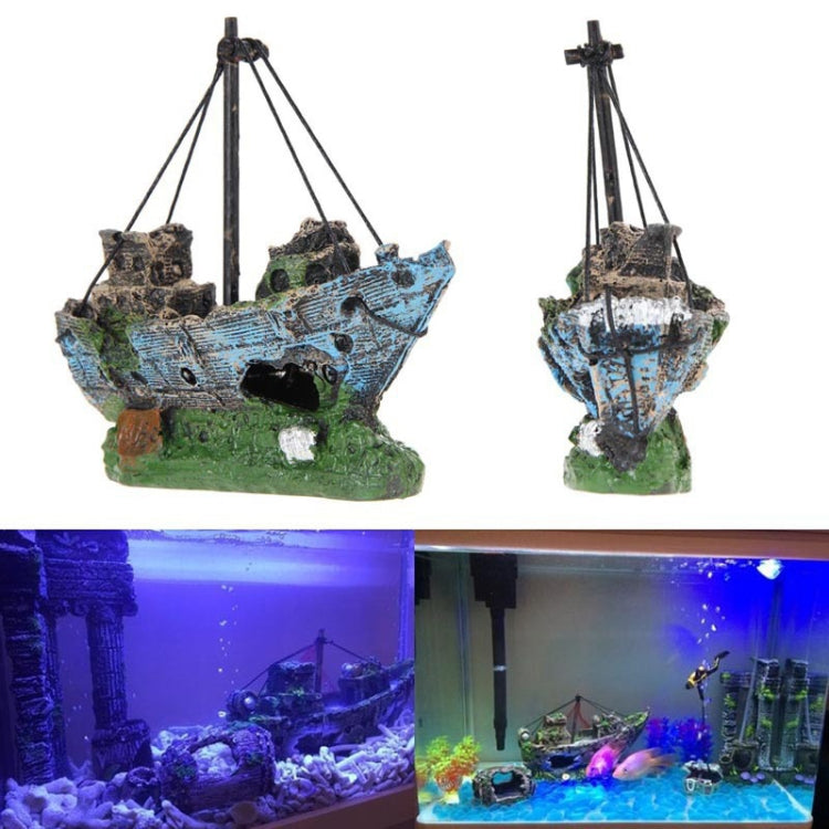 Decorative pirate ship aquarium ornament set, blue hull with black ropes and green base