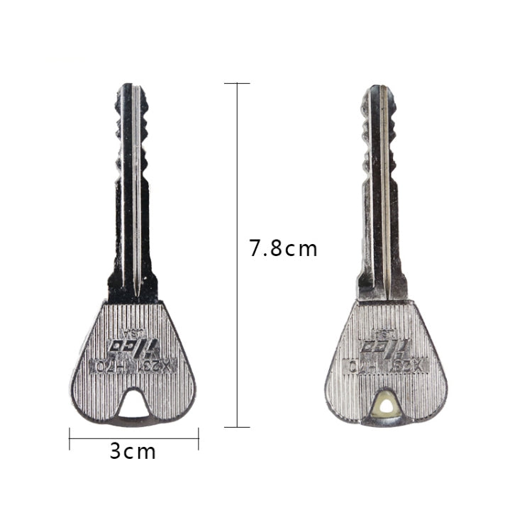 Pair of silver-gray magic keys with size marks: 7.8 cm x 3 cm