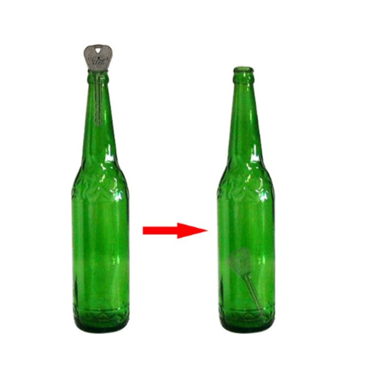 Green glass bottle props with red arrow showing key-to-bottle magic