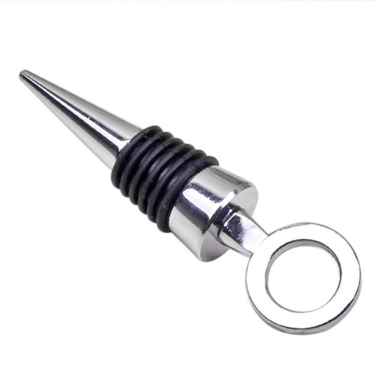 Metal wine stopper with circular loop handle, black ribbed collar, silver finish.
