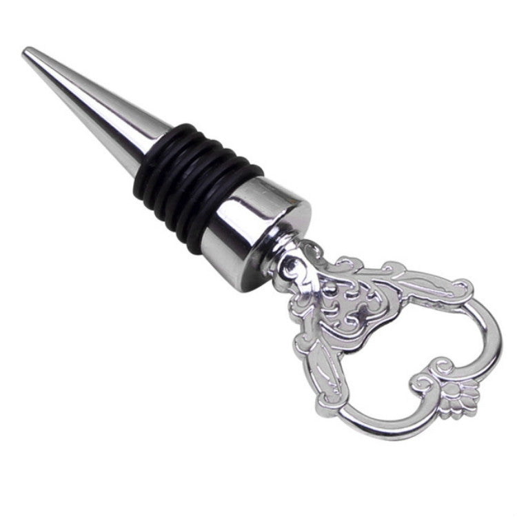 Metal wine stopper with starfish-shaped loop handle, black ribbed collar, silver finish.