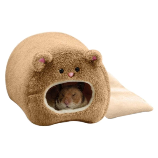 Brown plush hanging pet house with tunnel entrance and adorable face on front
