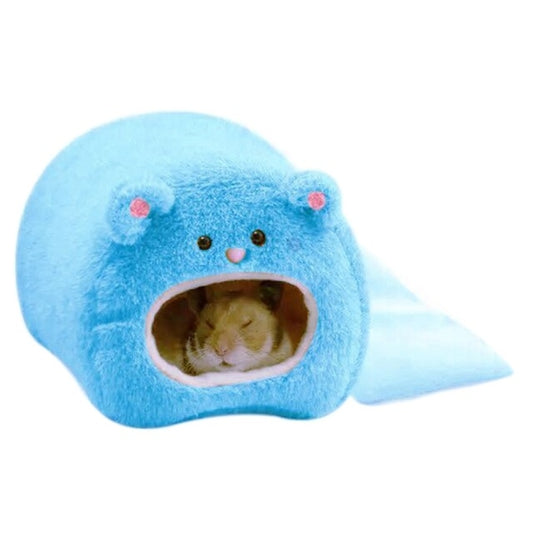 Blue plush hanging pet house with rounded tunnel entrance and cute face details