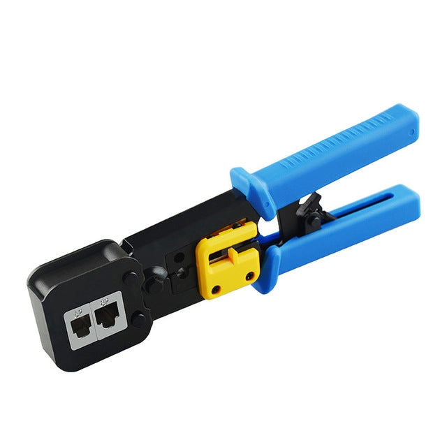 Manual cable clamp tool with blue handles and black head, yellow latch, RJ-style port