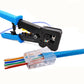 Cable clamp tool with exposed punch-down area, blue handles, wiring connector shown