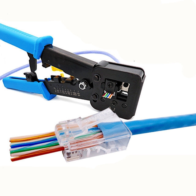 Cable clamp tool with exposed punch-down area, blue handles, wiring connector shown