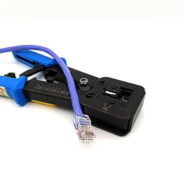 Manual cable termination tool with blue frame, black panel controls, RJ plug attached
