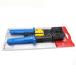Cable clamp tool packaged with blue handles, black head, yellow latch, red accessory card