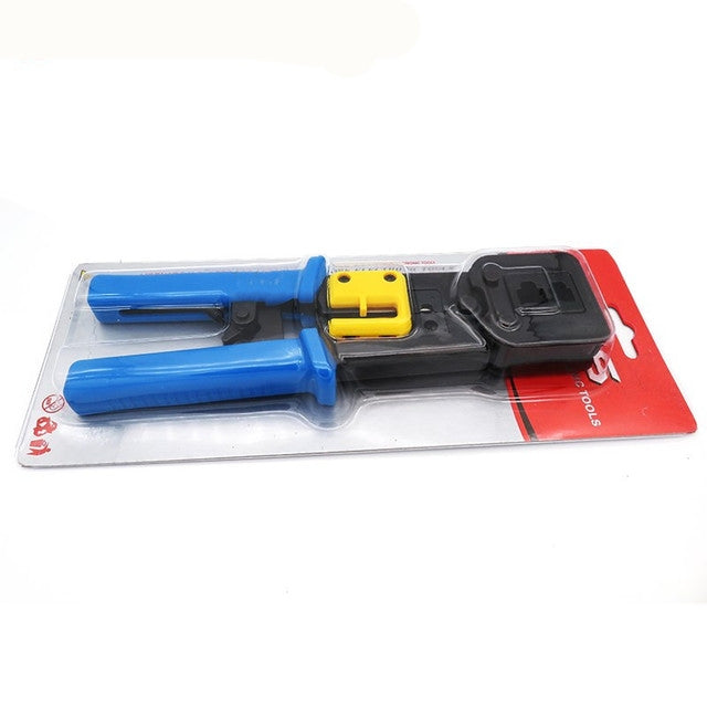 Cable clamp tool packaged with blue handles, black head, yellow latch, red accessory card