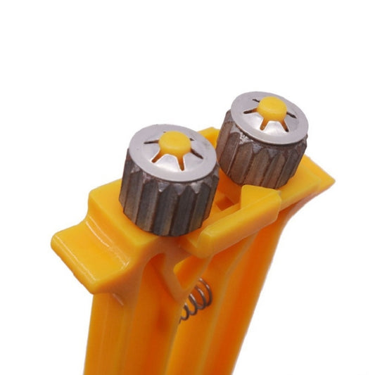 Orange-yellow beekeeping nest box tightener with two gray roller discs and springs