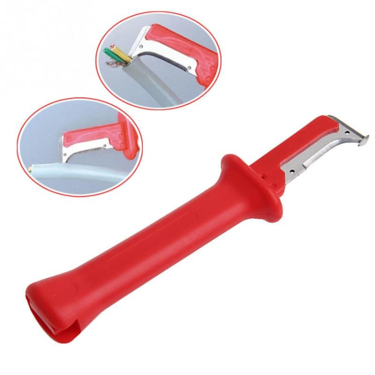 Red-handled cable insulation stripping pliers with metal blade and cutting edge