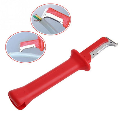 Red-handled cable insulation stripping pliers with metal blade and cutting edge