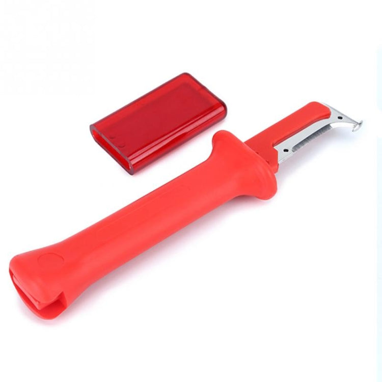 Red insulated cable stripper pliers with metal trimming blade and hinged guard