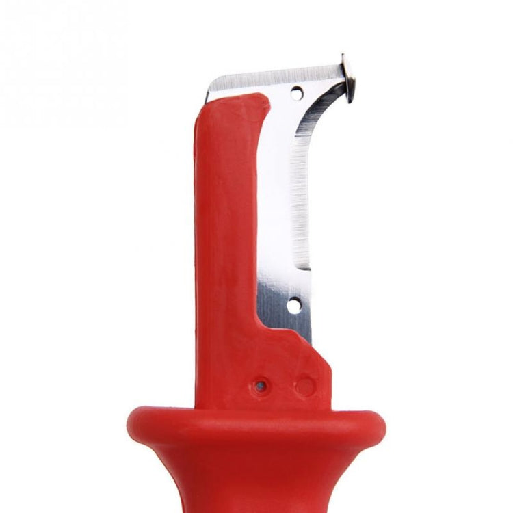 Red cable insulation stripping pliers with exposed metal blade and mounting holes