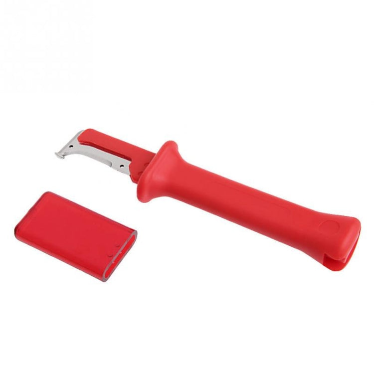 Cable stripping pliers with red handle, metal blades, and detachable cover
