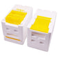 White and yellow bee pollination box pair with mesh yellow trays inside clear lids