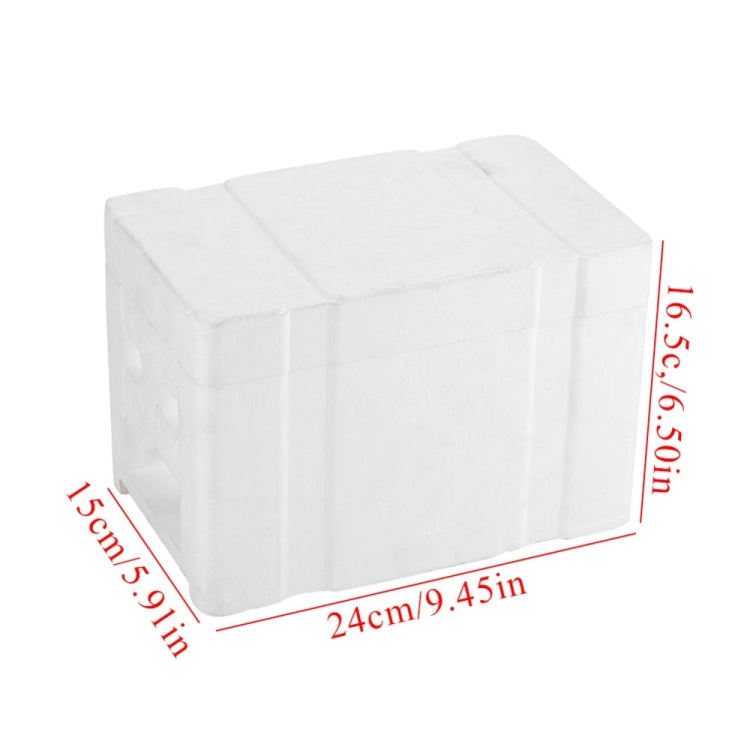 White foam bee pollination box with red size measurement labels on a plain background