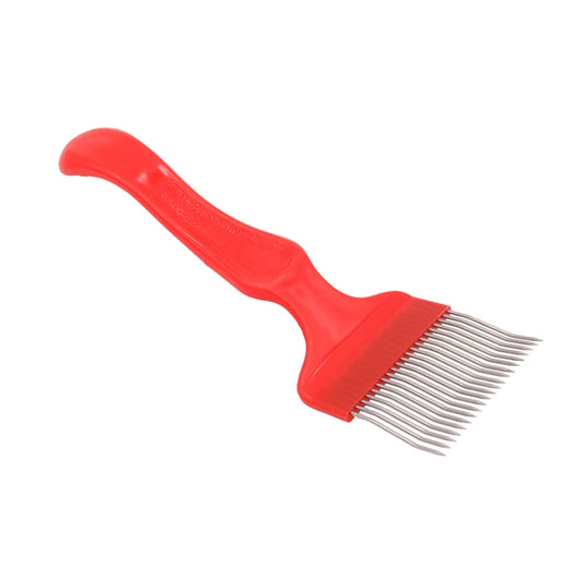 Honey cutting comb tool with red handle and fine metal needle teeth