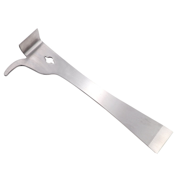 Stainless steel honey cut knife scraper with curved finger guard and slot opening