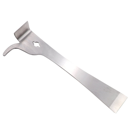 Stainless steel honey cut knife scraper with curved finger guard and slot opening