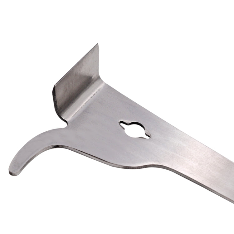 Stainless steel honey scraper blade with wide rounded base and central hanging hole