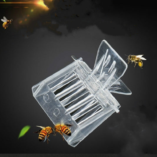 Clear plastic queen bee cage with hinged frame and clip arms