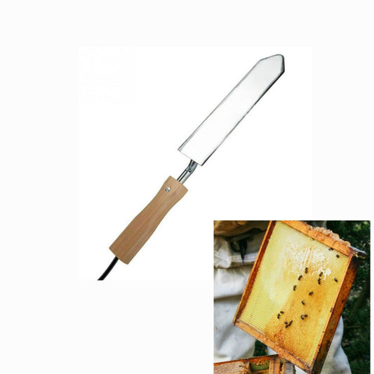 Electric honeycomb cutting knife with wooden handle and long silver heating blade