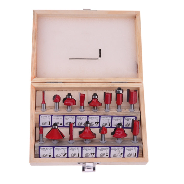 Wood router bit set open case showing assorted red and silver router cutters