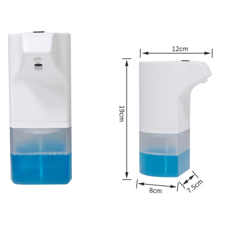 Wall-mounted automatic foam soap dispenser with blue reservoir, with size dimensions