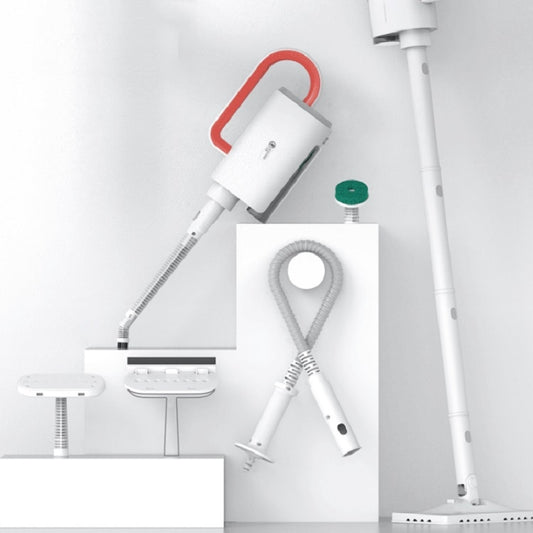 Steam mop unit with white handle and red grip; detail view of tools and flexible hose
