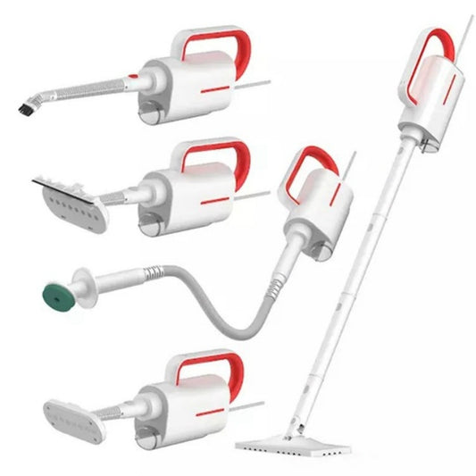 Handheld electric steam mop with white body and red handle, multiple floor and nozzle heads