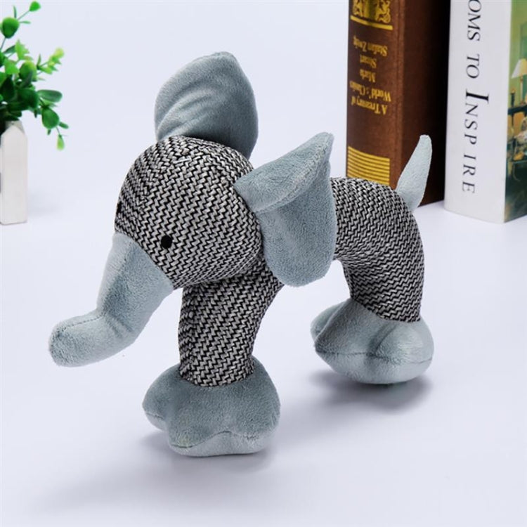 Plush gray dog chew toy, rope-textured body with floppy ears and soft paws